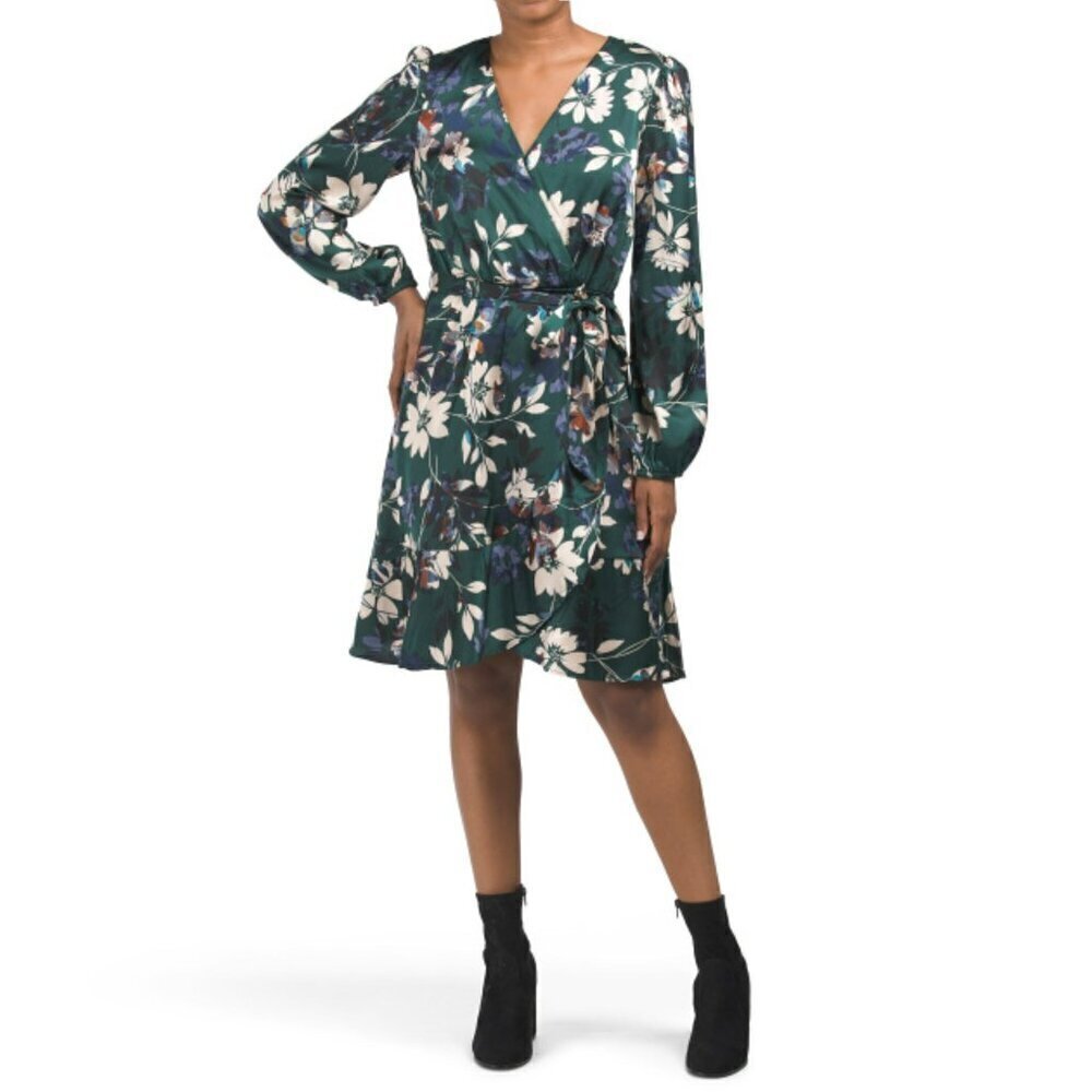 NWT NICOLE MILLER NY Women's Long Sleeve Floral Satin Wrap Style Mini Dress
